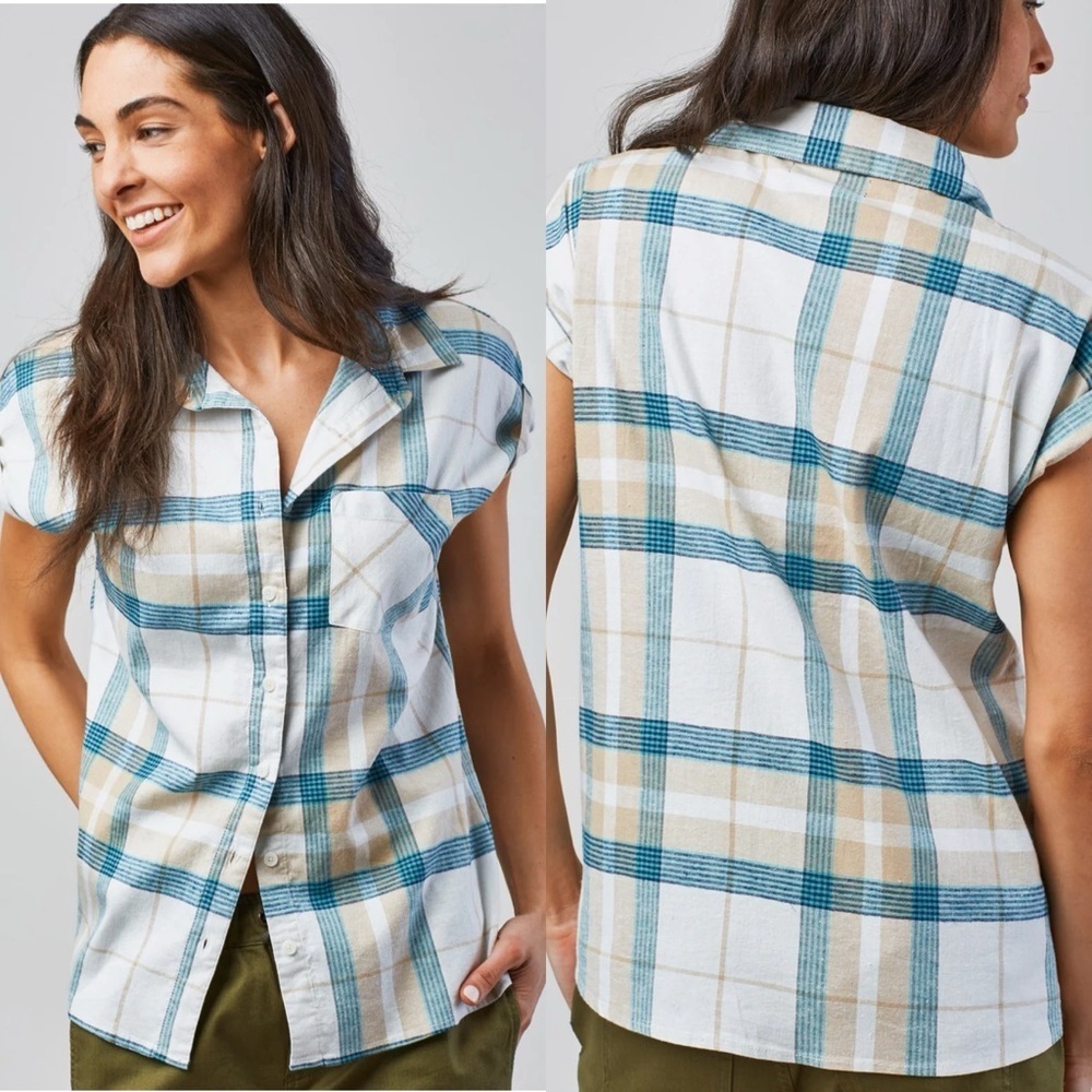 United by Blue Landmark Button Down Shirt Hemp Organic Cotton Blue Tan Plaid SM